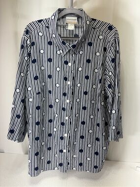 Alfred Dunner Navy and White Striped Shirt with Polka Dot Accents 3078